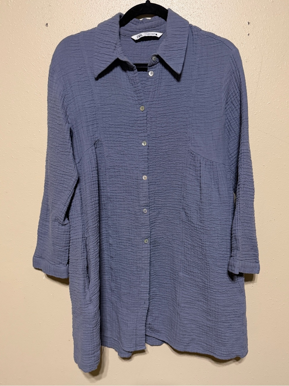 Zara Blue Textured Cotton Gauze Button Front Tunic Shirt Dress M